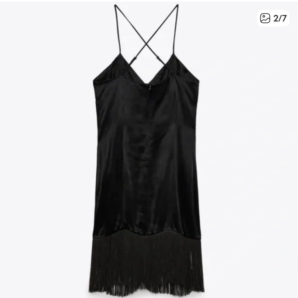 Zara Black Satin Slip Dress with Fringe Hem